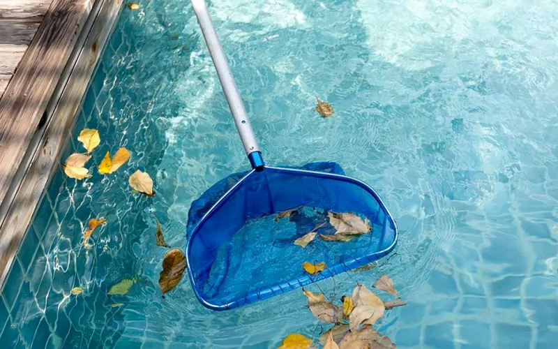 Épuisette retirant les feuilles à la surface d'une piscine lors d'une visite d'entretien